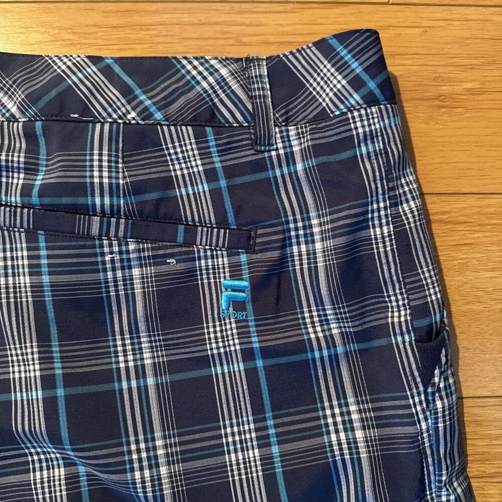 FILA SPORT Golf Men’s Plaid Performance Shorts Gray Turquoise Stretch-Sz 34